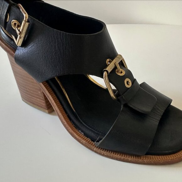 Black Leather Block Heel Sandal with Brass Buckles - Picture 2 of 3